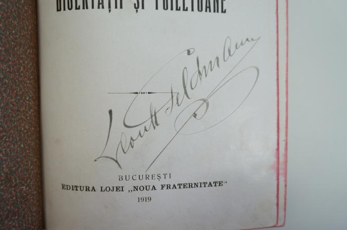 02A.014588 : Disertaţii si Foiletoane (1919);- (Geldman, Leon H.), Von Hand: Autogramm; 'Leon H. Geldman'. 