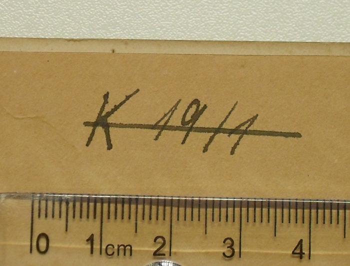 - (NSDAP-Gauarchiv und -museum Südhannover Braunschweig, Freimaurer-Bibliothek[?]), Von Hand: Signatur; 'K 19/1'. 