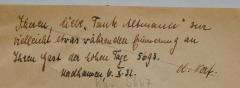 - (Lemle, Heinrich (Henrique);Altmann, Cäcilie (Cilli);Altmann, Anna ), Von Hand: Widmung; 'Ihnen, liebe 'Tante Altmann' zur vielleicht etwas währenden Erinnerung an Ihren Gast der hohen Tage 5693. / Nordhausen, 6.X.32. / d. Verf.'. 