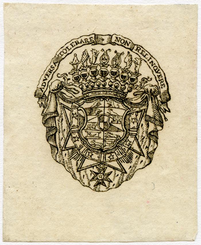 Exlibris-Nr. 823;- (unbekannt), Etikett: Exlibris, Wappen, Motto; 'adversa tolerare non relinquere'.  (Prototyp)