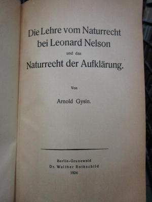 Hn 400: Die Lehre vom Naturrecht bei Leonard Nelson und das Naturrecht der Aufklärung (1924)