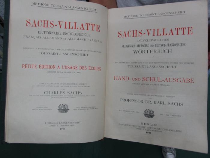 Sa 438 1901 1,2: Encyklopädisches Französisch-Deutsches und Deutsch-Französisches Wörterbuch : Hand- und Schulausgabe (1901)