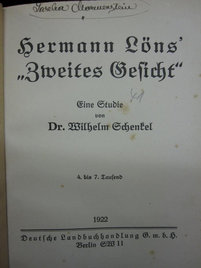 III 145899 3. Ex.: Herrmann Löns' "Zweites Gesicht" : Eine Studie (1922)