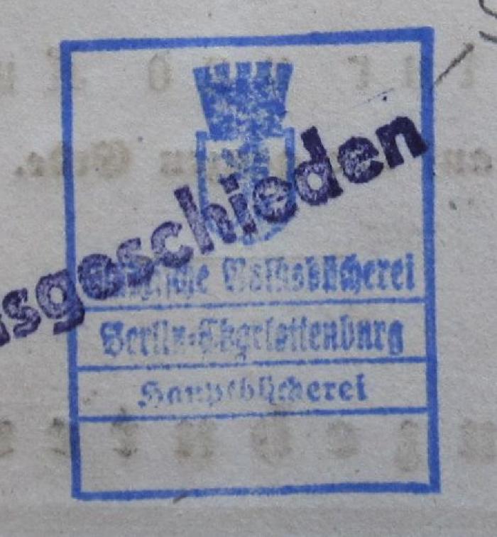 56 / 19066 (Städtische Volksbücherei (Charlottenburg, Berlin)), Stempel: Wappen, Name, Berufsangabe/Titel/Branche, Ortsangabe; 'Städtische Volksbücherei
Berlin-Charlottenburg
Hauptbücherei'.  (Prototyp)
