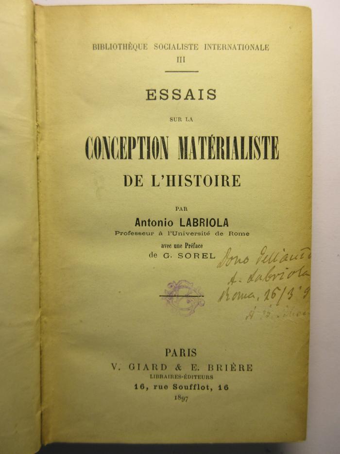 38/80/40945(7) : Essais sur la conception matérialiste de l'histoire
 (1897)