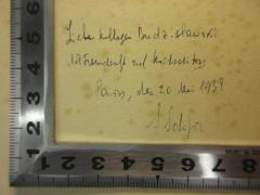 - (Budzislawski, Hermann), Von Hand: Widmung; 'Lieben Kollegen Budzislawski
Mit Freundschaft und Wertschätzung (?)
Paris, den 20 Mai 1938
S. Schifrin'. 