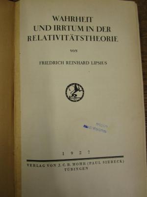 Kc 859: Wahrheit und Irrtum in der Relativitätstheorie (1927)