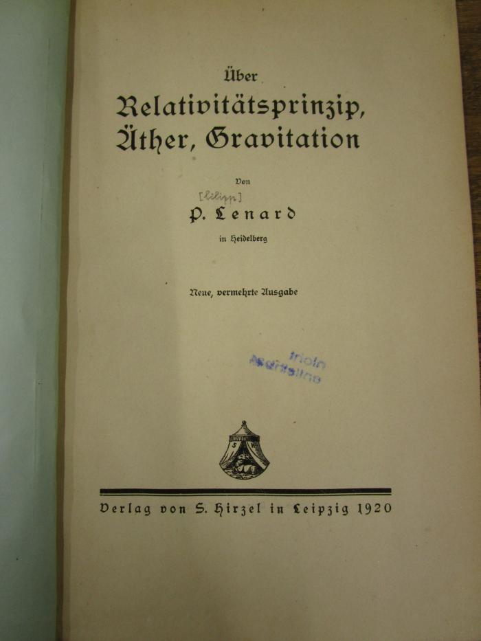 Kc 860 1920: Über Relativitätsprinzip, Äther, Gravitation (1920)