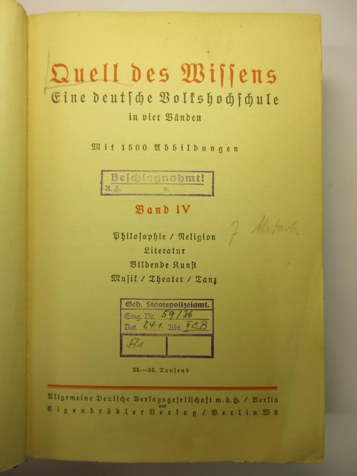 88/80/40609(8)-4 : Quell des Wissens 
Philosophie / Religion Literatur Bildende Kunst Musik / Theater / Tanz
 (1927)