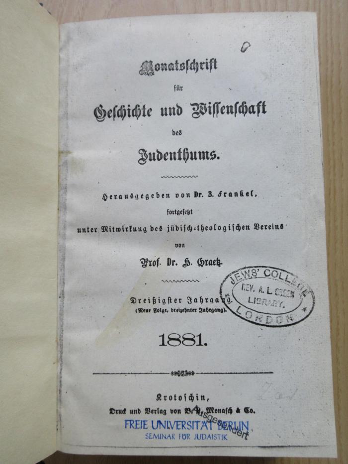 Zb 380 30 (ausgesondert 2023) : Monatsschrift für Geschichte und Wissenschaft des Judenthums (1881)