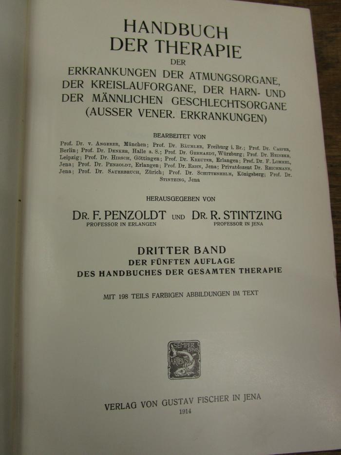 Kk 1173 e3: Handbuch der Therapie der Erkrankungen der Atmungsorgane, der Kreislauforgane, der Harn- und der männlichen Geschlechtsorgane (ausser vener. Erkrankungen) (1914)