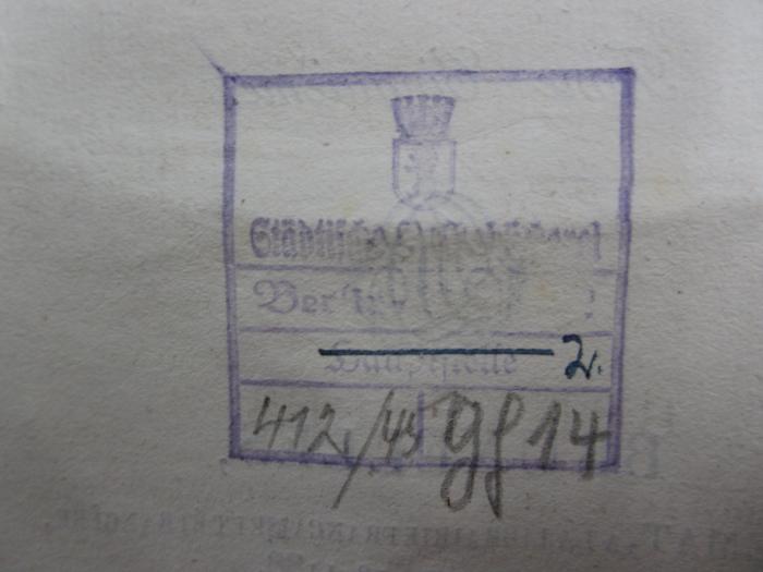 -, Von Hand: Signatur, Exemplarnummer; '412/45 Gf 14'