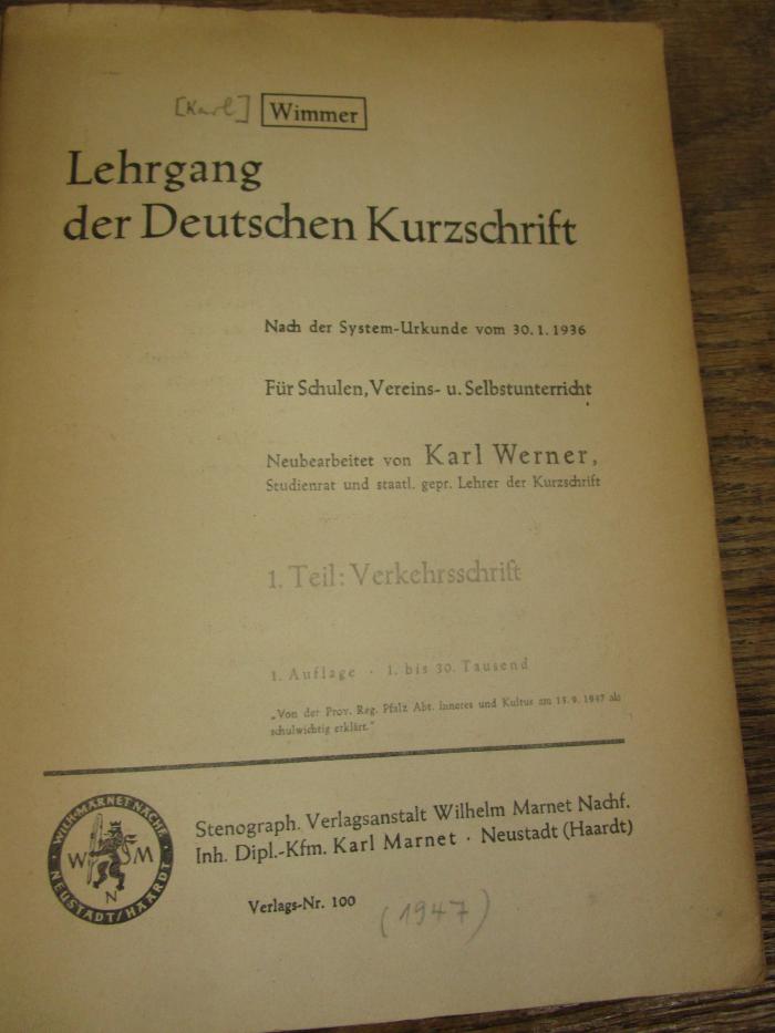 Oa 194 1: Lehrgang der Deutschen Kurzschrift ([1947])