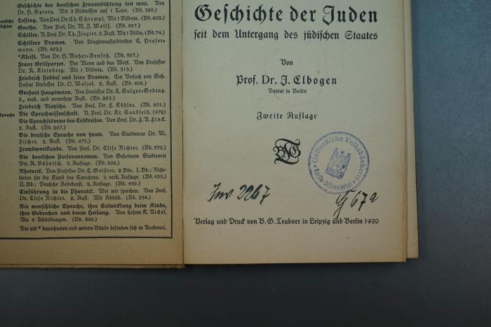 - (Öffentliche Volksbücherei Berlin-Johannisthal), Von Hand: Signatur; 'G 67 a'.  (Prototyp)