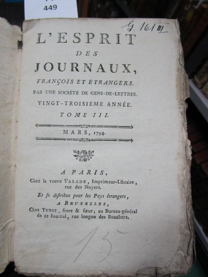  L' esprit des journaux, français et étrangers par une société de gens-de-lettres : Mars 1794, Tome III (1794)
