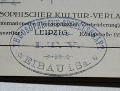 - (Theosophische Gesellschaft Eibau, Sachsen), Stempel: Name, Ortsangabe; 'Theosophische Gesellschaft / I. T. V. / EIBAU i. Sa.'. 