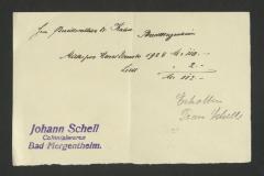 - (Kahn, Moses;Johann Schell Colonialwaren (Bad Mergentheim)), Von Hand: Preis, Name, Berufsangabe/Titel/Branche, Datum, Ortsangabe; 'Herrn Bezirksrabbiner Dr. Kahn 
Bad Mergentheim
Miethe/wo Monat December 1928 M. 110.-
Licht 2.- / M. 112.-
Erhalten Frau Schell'. 