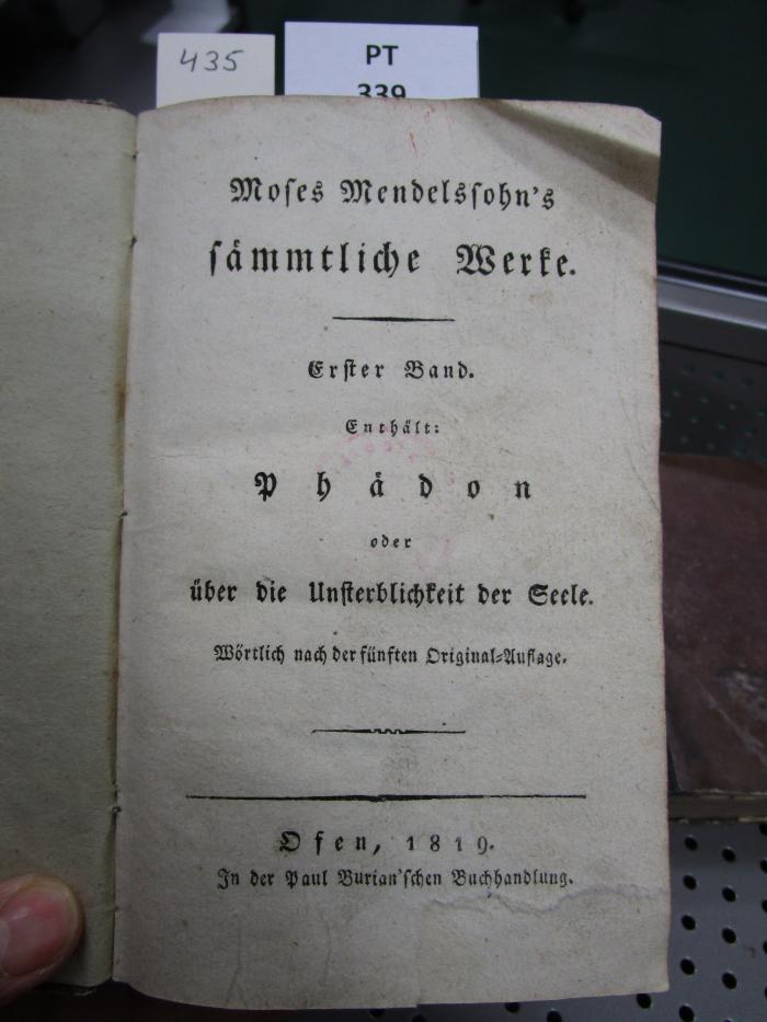  Phädon oder über die Unsterblichkeit der Seele : Wörtlich nach der fünften Original-Auflage (1819)