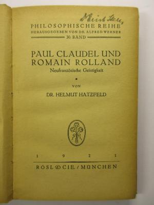 88/80/40750(7) : Paul Claudel und Romain Rolland
Neufranzösische Geistigkeit (1921)