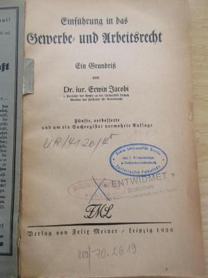 UR 4120 4 5 (ausgesondert) : Einführung in das Gewerbe- und Arbeitsrecht. Ein Grundriß. (1926)