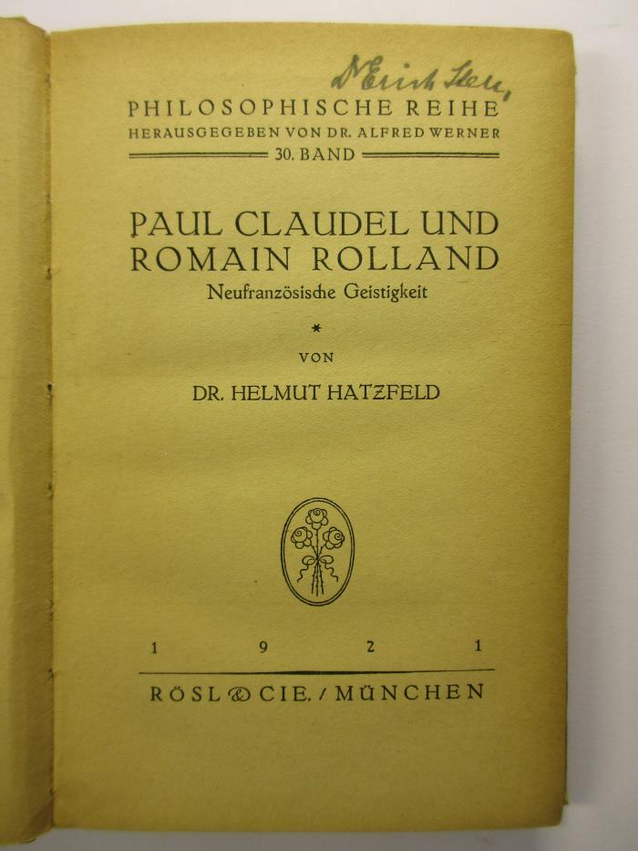 88/80/40750(7) : Paul Claudel und Romain Rolland
Neufranzösische Geistigkeit (1921)