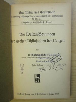 Phil 2b1 bus 3.A. : Die Weltanschauungen der großen Philosophen der Neuzeit (1907)