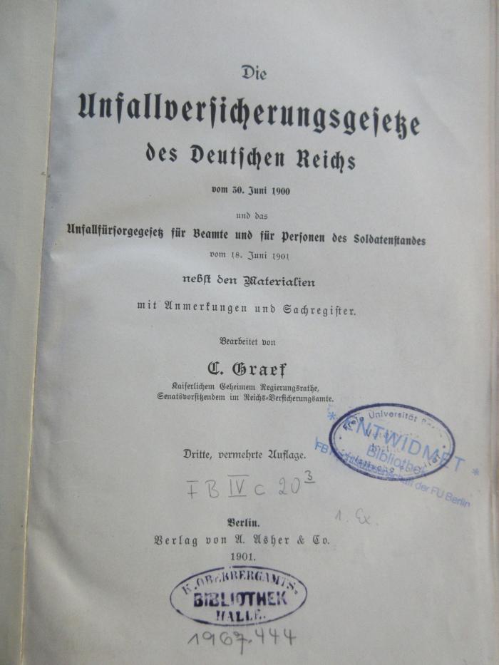 FB IV c20 (ausgesondert) : Die Unfallversicherungsgesetze des Deutschen Reichs : Gesetz vom 30. Juni 1900 in der Fassung der Bekanntmachung vom 5. Juli 1900 nebst den Materialien (1901)