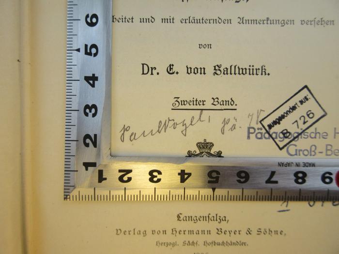 PB 0560 D - 3 f-2 : Joh. Friedr. Hebarts Pädagogische Schriften. Mit Herbarts Biographie herausgegeben von Dr. Fr. Bartholomäi. (1896);- (Paul Vogel), Von Hand: Name, Exemplarnummer; 'Paul Vogel, Pä. 78.'. 