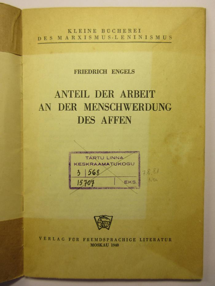 88/80/40793(7) : Anteil der Arbeit an der Menschwerdung des Affen
 (1940)