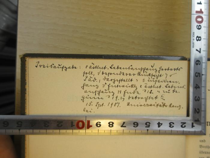 PB 0560 D - 3 g-1 : Joh. Friedr. Herbarts Pädagogische Schriften. Mit Herbarts Biographie herausgegeben von Dr. Fr. Bartholomäi. (1903);- (Paul Vogel), Von Hand: Notiz; '[...]aufgabe: [...] 15. Spt. 1907. Universitätskanzlei.'. 