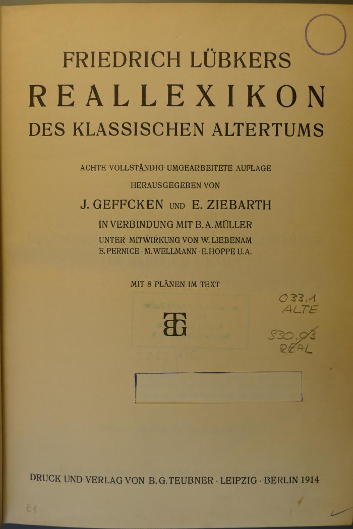 033.1 ALTE : Friedrich Lübkers Reallexikon des klassischen Altertums (1914)