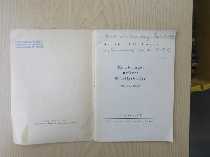 Box 5359 : Wandlung unseres Schillerbildes. Ein Vortrag. (1938)