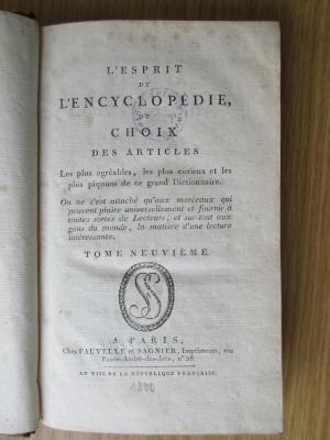 2 A 52-9 : L'esprit de l'encyclopédie, ou choix des articles les plus agréables, les plus curieux et les plus piquans de ce grand dictionnaire. Bd. 9 (1800)