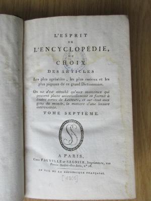 2 A 52-7 : L'esprit de l'encyclopédie, ou choix des articles les plus agréables, les plus curieux et les plus piquans de ce grand dictionnaire. Bd. 7 (1800)