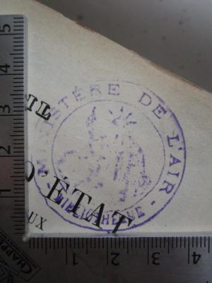  Recueil des arrêts du Conseil d'Etat statuant au contentieux et des décisions du Tribunal des Conflits et de la Cour des Comptes (1911);- (France. Ministère de l'Air), Stempel: Berufsangabe/Titel/Branche, Abbildung, Ortsangabe; 'Ministère de l'Air - Bibliotheque -'.  (Prototyp)