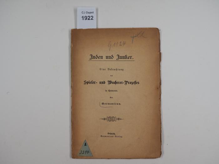 Juden und Junjker. Eine Belehrung des Spieler- und Wucherer-Prozesses in Hannover. (o.J.)