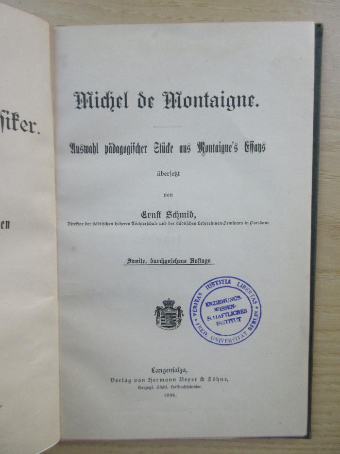PB 0540 - 16 b/2 : Michel de Montaigne. Auswahl pädagogischer Stücke aus Montaigne's Essays (1894)