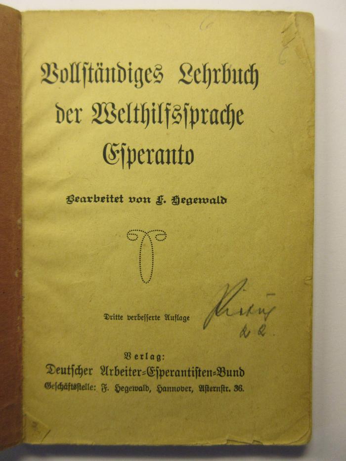 88/80/40911(9) : Vollständiges Lehrbuch der Welthilfssprache Esperanto
 (1921)