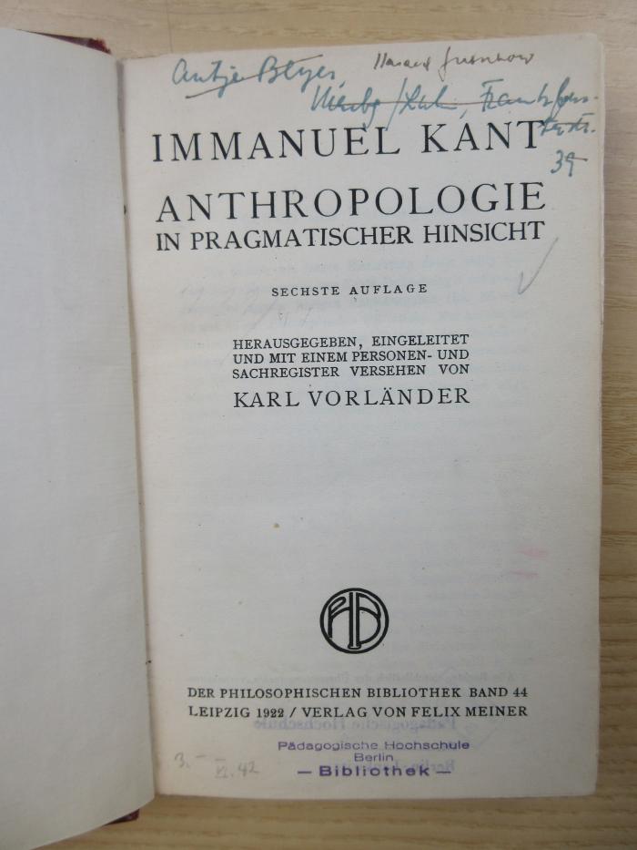 PB 0550 F - 7 f : Anthropologie in pragmatischer Hinsicht (1922)