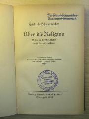 PB 0560 H - 14 : Über die Religion : Reden an die Gebildeten unter ihren Verächtern (1923)