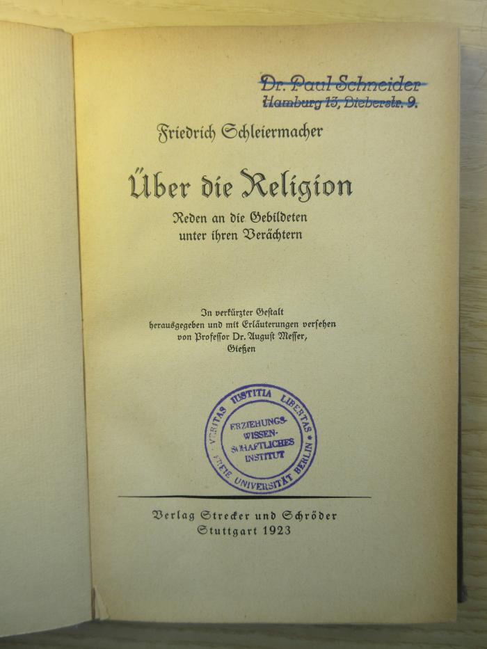 PB 0560 H - 14 : Über die Religion : Reden an die Gebildeten unter ihren Verächtern (1923)