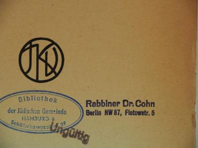 - (Cohn, Heinrich), Stempel: Berufsangabe/Titel/Branche, Name, Ortsangabe; 'Rabbiner Dr. Cohn
Berlin NW 87, Flotowstr. 5'.  (Prototyp)