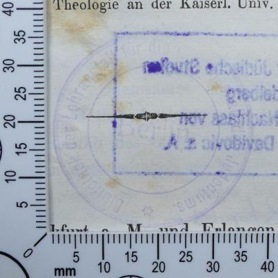 - (Bibliothek der Lehranstalt für die Wissenschaft des Judenthums;Hochschule für die Wissenschaft des Judentums;Bibliothek der Hochschule für die Wissenschaft des Judenthums;Lehranstalt für die Wissenschaft des Judenthums), Stempel: Name, Exlibris; 'Bibliothek der Lehranstalt für die Wissenschaft des Judentums. Beriln'. 