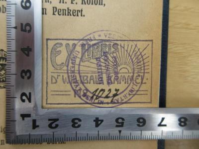 Gbb 173 (ausgesondert) : Untersuchungen über die Intelligenz von Kindern und Jugendlichen (1919);- (Kammel, Willibald), Stempel: Exlibris, Name, Berufsangabe/Titel/Branche, Abbildung, Nummer; 'Ex Libris
Dr. Willibald Kammel
No. 1027 [handschriftlich]'. 