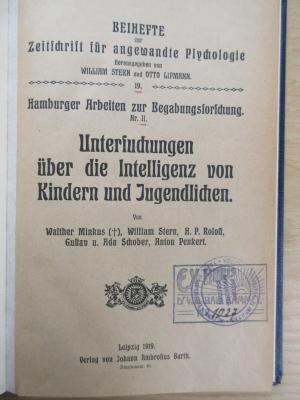 Gbb 173 (ausgesondert) : Untersuchungen über die Intelligenz von Kindern und Jugendlichen (1919)