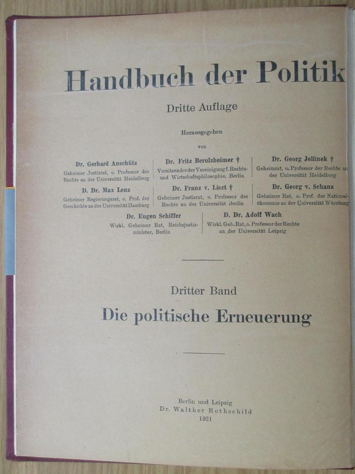 3 C 292 &lt;3&gt;-3 : Handbuch der Politik. Bd. 3: Die politische Erneuerung (1921)