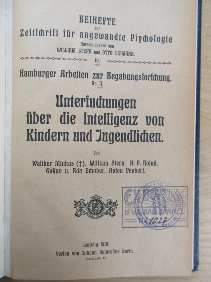 Gbb 173 (ausgesondert) : Untersuchungen über die Intelligenz von Kindern und Jugendlichen (1919)