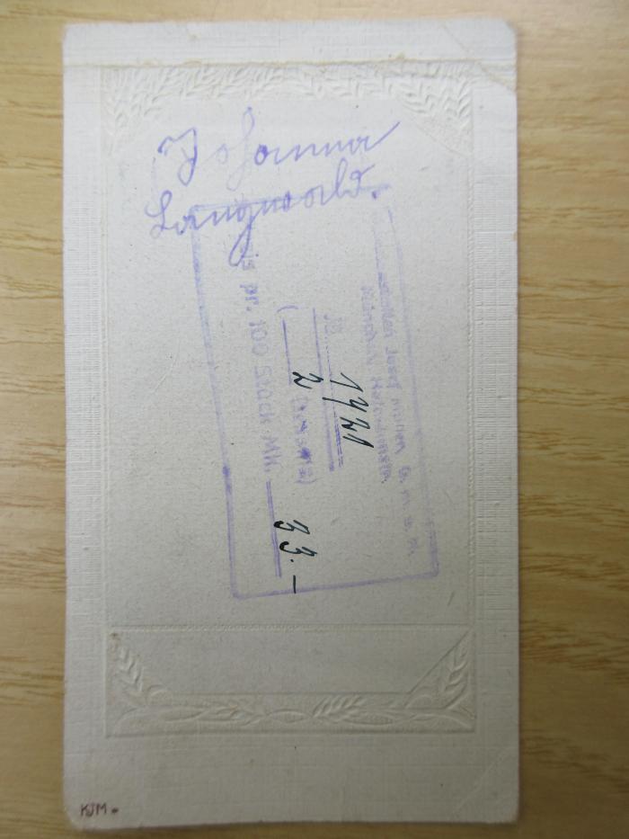 PK 0201 C/113 e-2 (ausges.) : Deutsches Lesebuch für Hilfsschulen ; Teil 2 (Für das 5. und 6. Hilfsschuljahr) (1926);-, Papier: Name, Buchhändler; 'Schutzheiligenbild 
Handschriftlicher Eintrag: Johanna Langwald [?]
Stempel: [... Josef Müller GmbH München Hofmannstr. No. 1421 [2...] Preis pr. 100 Stück Mk. 33,-'