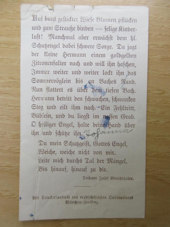 PK 0201 C/113 e-2 (ausges.) : Deutsches Lesebuch für Hilfsschulen ; Teil 2 (Für das 5. und 6. Hilfsschuljahr) (1926);-, Papier: Name; 'Schutzheiligenbild mit handschriftlichen Eintrag Johanna'