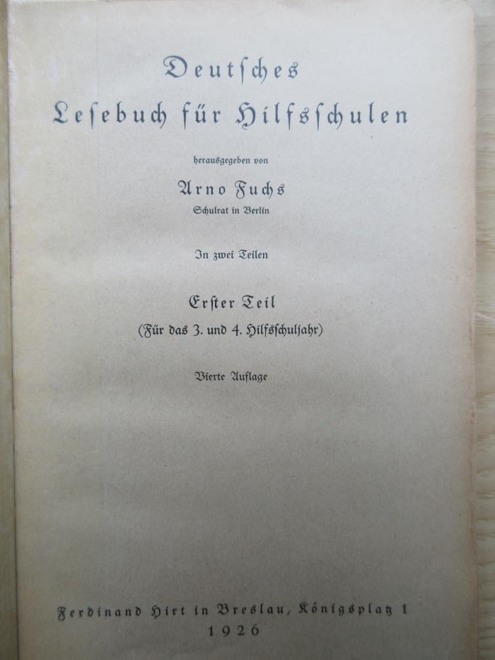 PK 0201 C/113 d-1 (ausges.) : Deutsches Lesebuch für Hilfsschulen ; Teil 1 (Für das 3. und 4. Hilfsschuljahr) (1926)